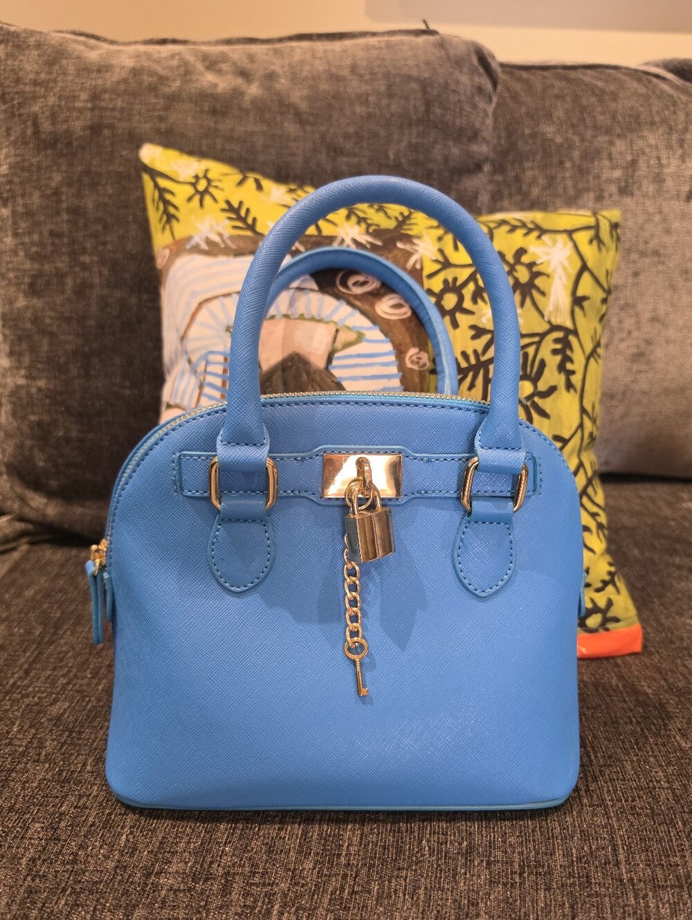 Blue Structured Satchel Handbag with Gold Lock Accent Crossbody